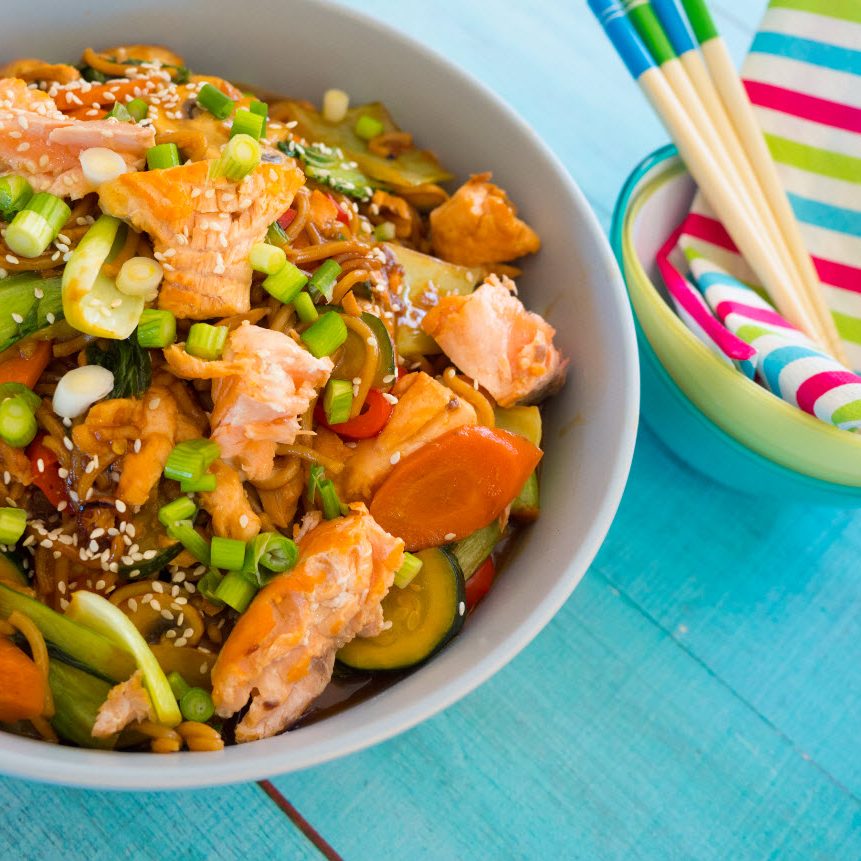 Honey soy salmon and veggie stir fry