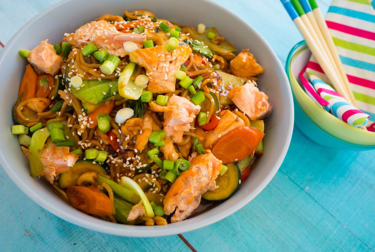 Honey soy salmon and veggie stir-fry